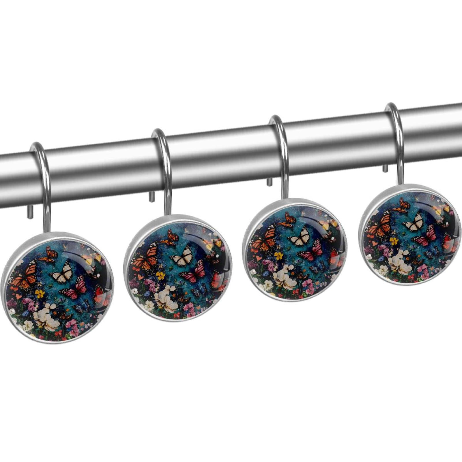 Colorful Butterflies on Wildflowers Shower Curtain Hooks Round Crystal Glass, Set of 12 Shower Curtain Rings - Shower Hooks for Curtain Shower Rings