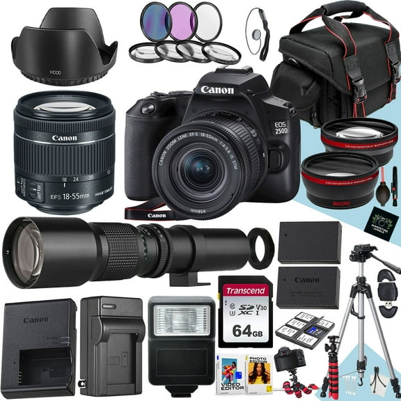 Canon EOS 250D / Rebel SL3 DSLR Camera With EF-S 18-55mm f/4-5.6 IS STM And 500mm f/8.0 Preset Telephoto Lens   64 GB Memory   Filters   Tripod   More (36pc Bundle)
