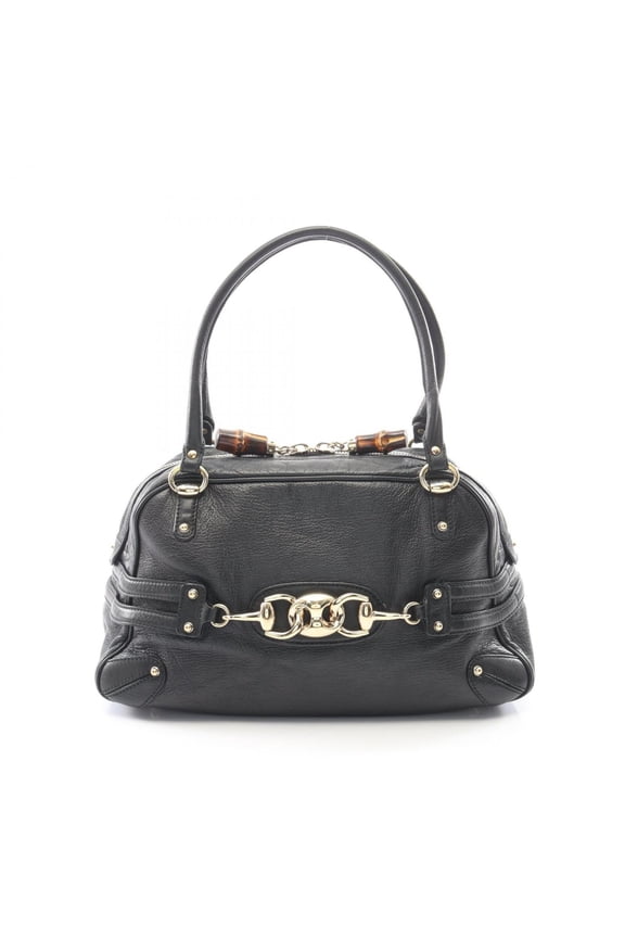 Pre-Owned Gucci Bamboo Horsebit Handbag, Leather, Women's, Black, 159398