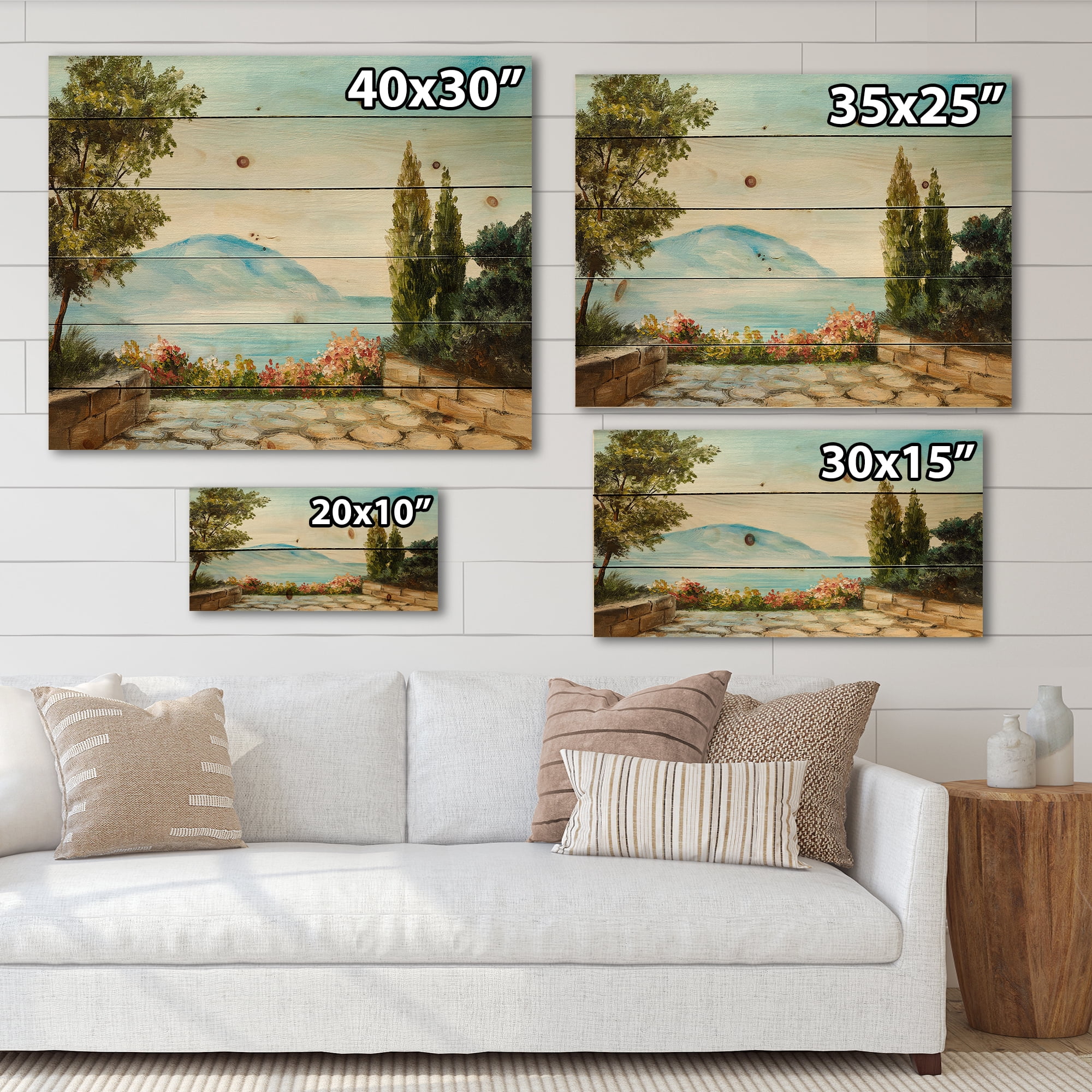 Designart 'Beautiful Mountains View By The Sea Side' Nautical & Coastal Print on Natural Pine Wood