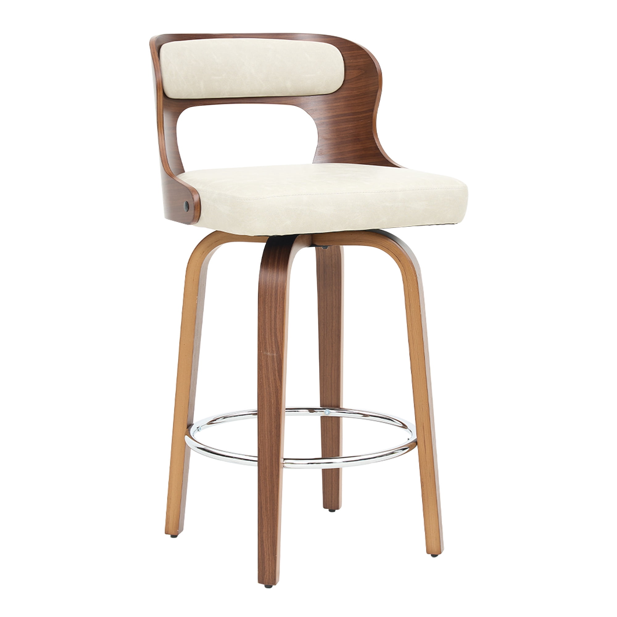 ClinQ 26 inch Swivel Bar Stools Set of 2, Counter Height Bar Chairs with Walnut Legs and Silver Ring Footrest, Upholstered Faux Leather, Beige