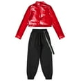 thumbnail image 4 of YONGHS Kids Girls Hip Hop Dance Costume Outfits Long Sleeve Sequin Crop Top with Cargo Pants Set Red 16, 4 of 5