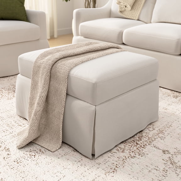 Bush Home Harper Storage Ottoman with Tray and Slipcover in Ivory Basketweave Fabric