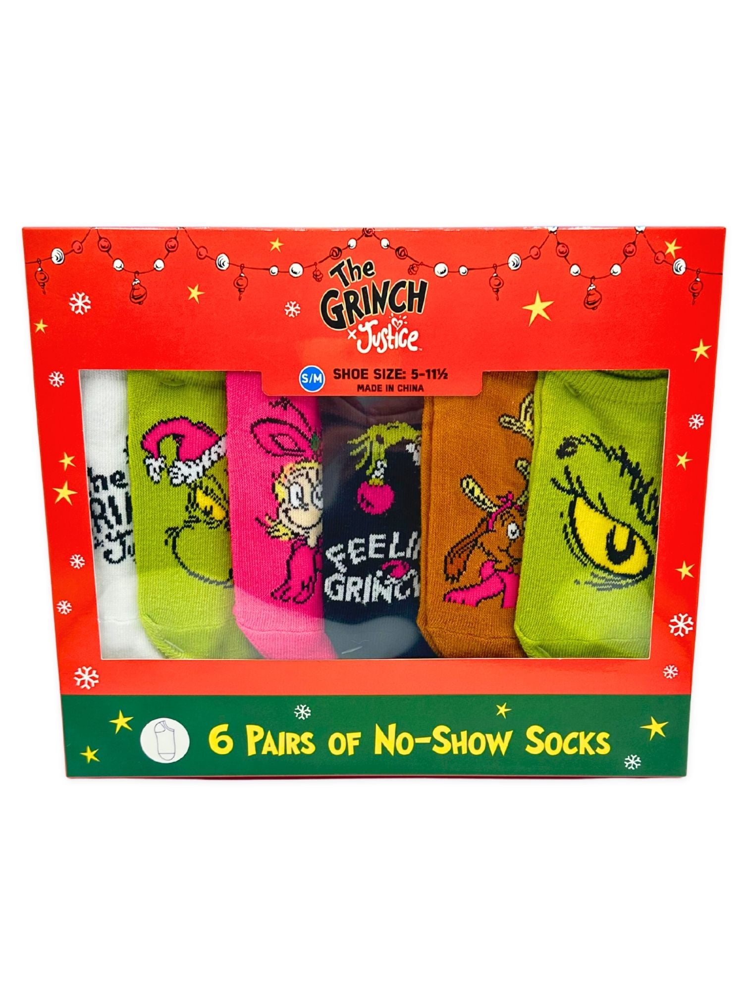 Grinch x Justice Girls No-Show Socks, 6-Pack, Sizes S/M-M/L