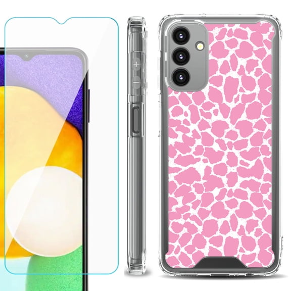 Shockproof Bumper Phone Case for Samsung Galaxy A13 5G, with Tempered Glass Screen Protector, by OneToughShield ® - Giraffe/Pink