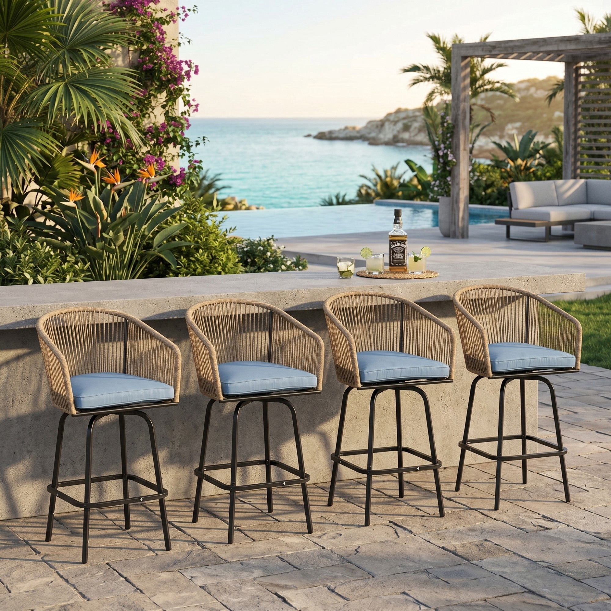 Sailvan Outdoor Bar Stools All-Weather Wicker Patio Bar Chairs with Armrests and Footrest,Blue