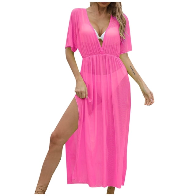Plebaso Robe de Plage en Maille pour Femmes, Fendue Haute, Longue, Col en V, Légère, Maillot de Bain