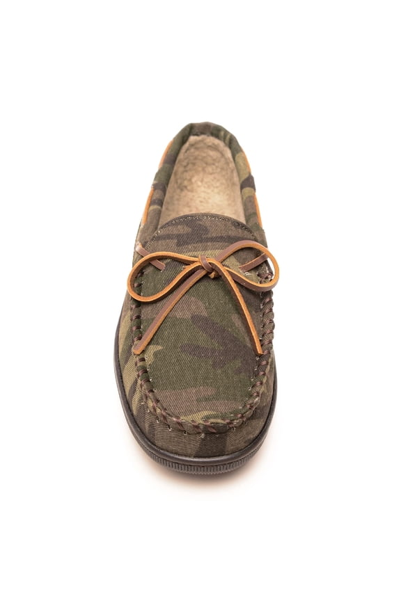Men's Pile Lined Moccasin Slippers with Hard Soles, 10, Green Camo Print