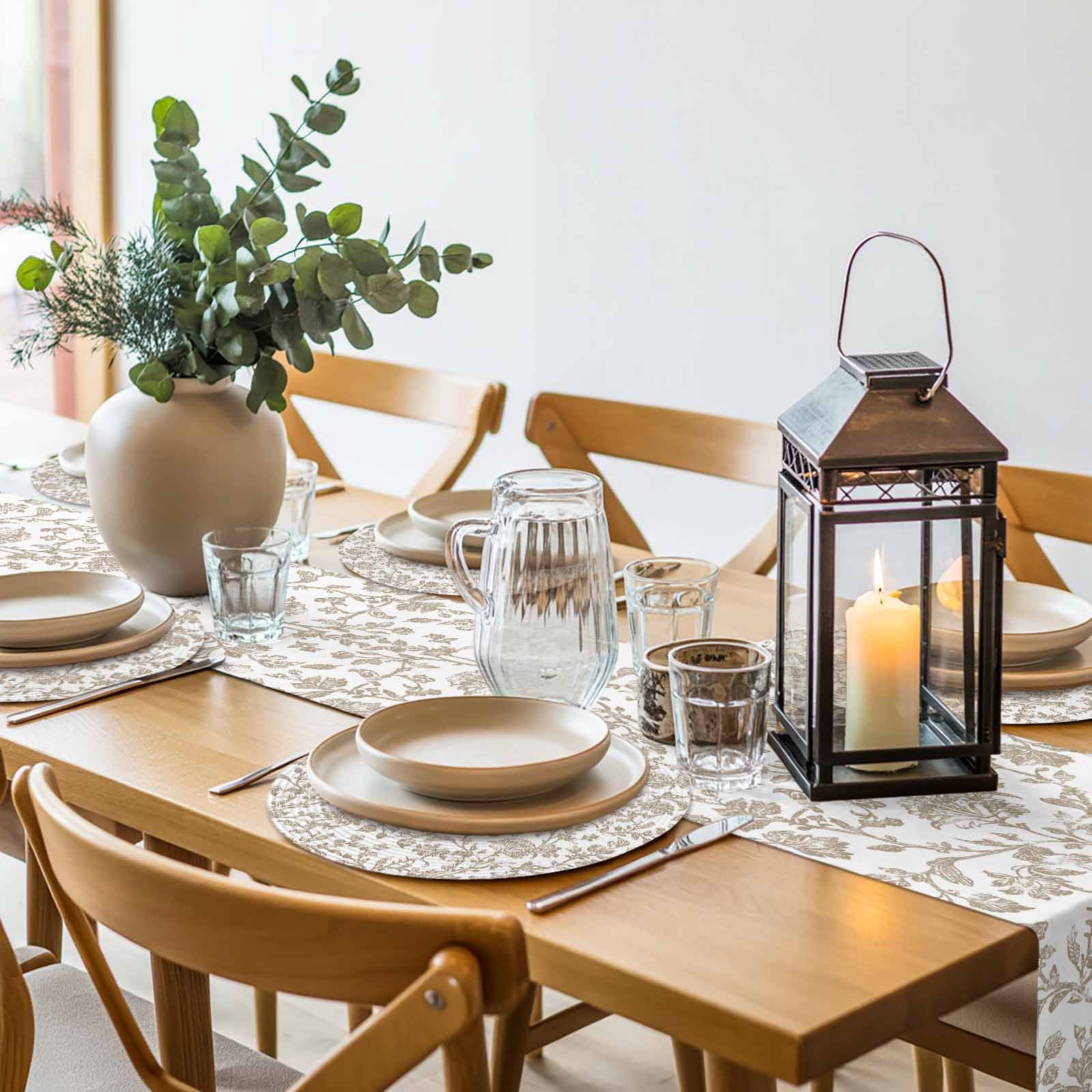 Khaki Flower Round 13 Inch Placemats Set of 4, Vintage Farmhouse Boho Leaf Spring Plant HeatResistant Non Slip Place Mats for Dining Table, Wipeable Braided Kitchen Table Mats for Housewarming