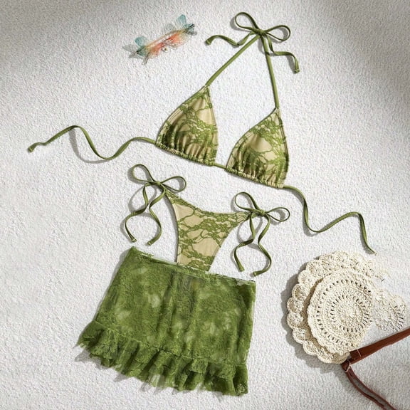 LEKWK Bikini Sets for Women Halter Lace Triangle Thong String Tie Side Bathing Suits with Ruffle Cover Up Skirt 3 Piece Swimsuits Beach Vacation Resort Wear