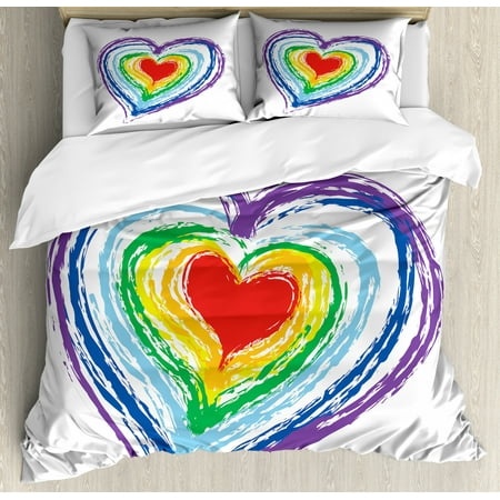 Doodle King Size Duvet Cover Set, Love Themed Nested Rainbow Heart with a Simplistic Style Vibrant Colored Work of Art, Decorative 3 Piece Bedding Set with 2 Pillow Shams, Multicolor, by Ambesonne