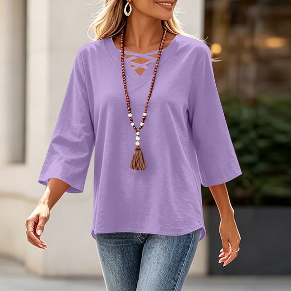 Tusihei Women V Neck 3/4 Sleeve Casual Tops Loose Fit Boho Pullover Tee Solid Basic Comfy Summer Fall Outfits Beach Blouse, Purple S
