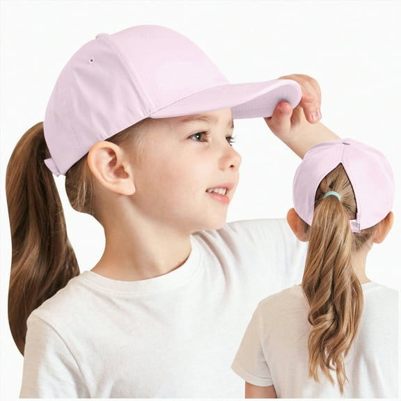KPOPLK Kids Active Ponytail Hat - Baseball Hat with Full Back Opening for Girls(2-8 Years,Pink)
