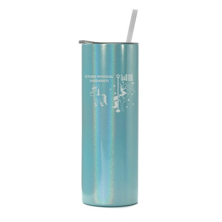 

20 oz Skinny Tall Tumbler Stainless Steel Vacuum Insulated Travel Mug Cup With Straw Physical Therapist Superstar Unicorn Funny (Light Blue Iridescent Glitter)