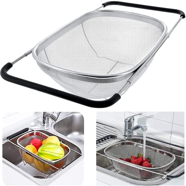 Stainless Steel Expandable Oval Colander with Rubber Handles - 6 Quart - for Kitchen Sink, Draining Board, Fruit Vegetable Sink