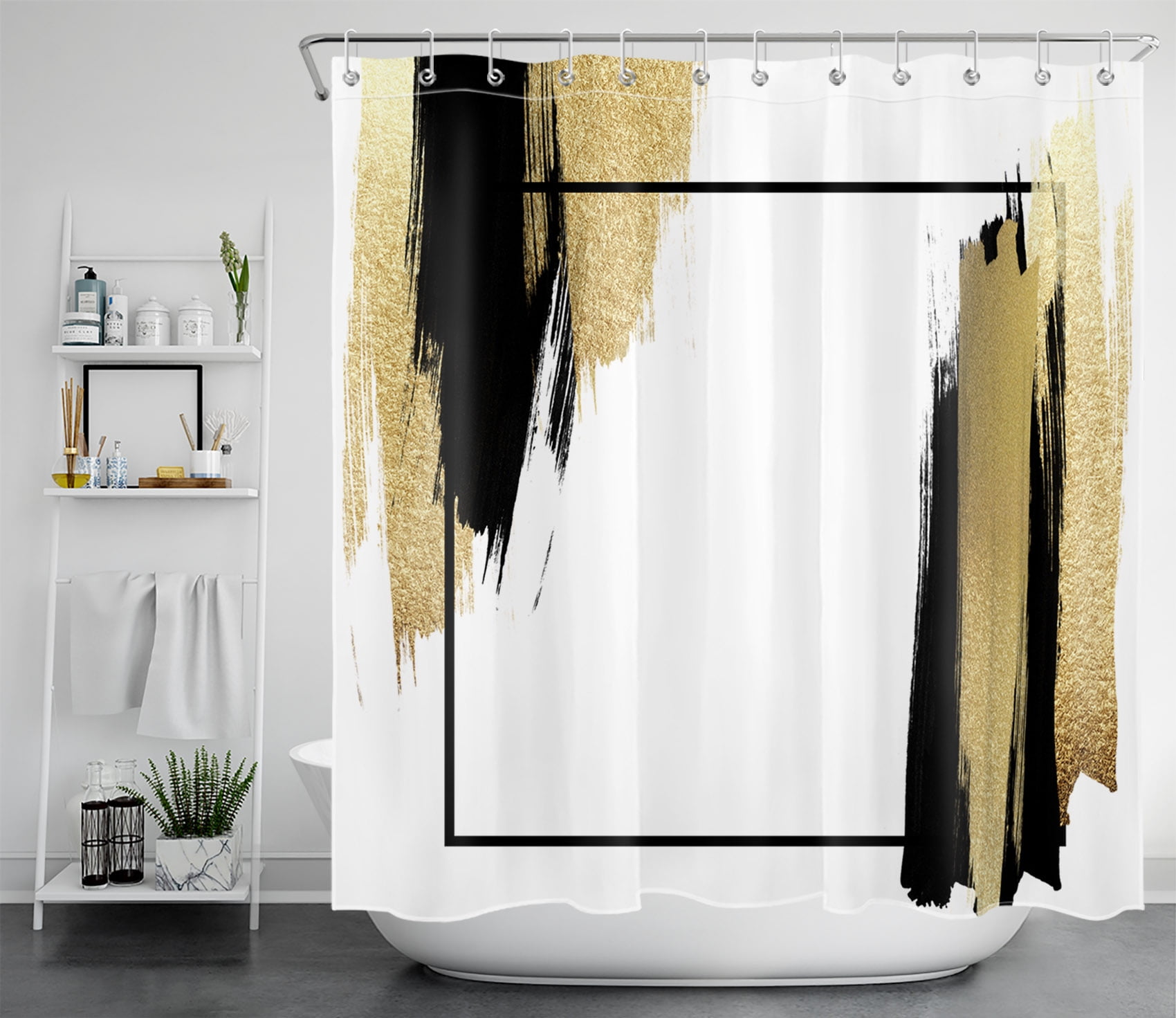 HVEST Minimalism Shower Curtain for Bathroom Decor,Black and Gold Graffiti Shower Curtain with Hooks Set,Abstract Aesthetics Brushstrokes Polyester Waterproof Durable Fabric Bath Accessorie 72x78 Inch