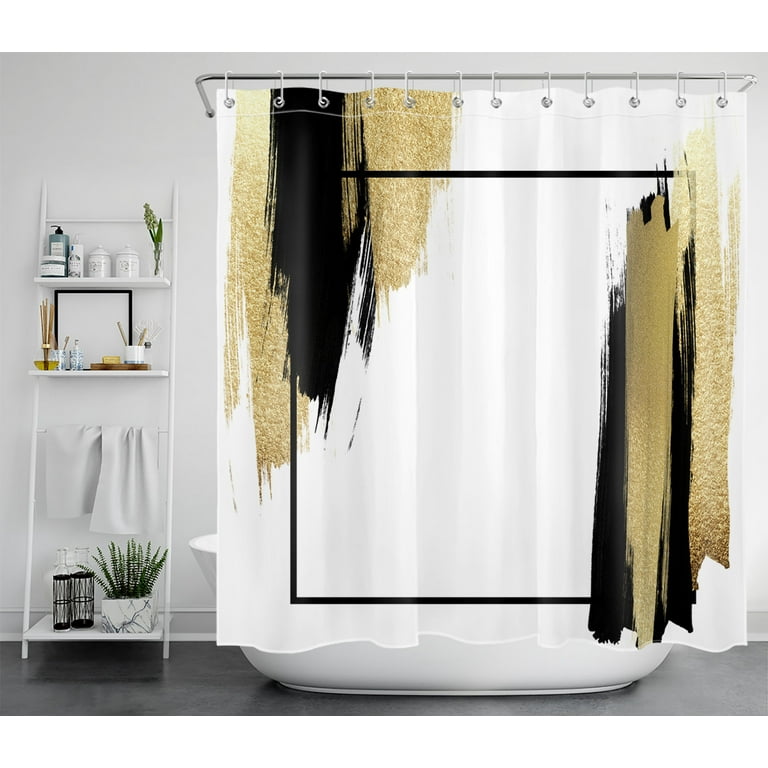 HVEST Minimalism Shower Curtain for Bathroom Decor Black and Gold Graffiti Shower Curtain with Hooks Set Abstract Aesthetics Brushstrokes Polyester