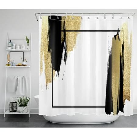 HVEST Minimalism Shower Curtain for Bathroom Decor,Black and Gold Graffiti Shower Curtain with Hooks Set,Abstract Aesthetics Brushstrokes Polyester Waterproof Durable Fabric Bath Accessorie 72x78 Inch