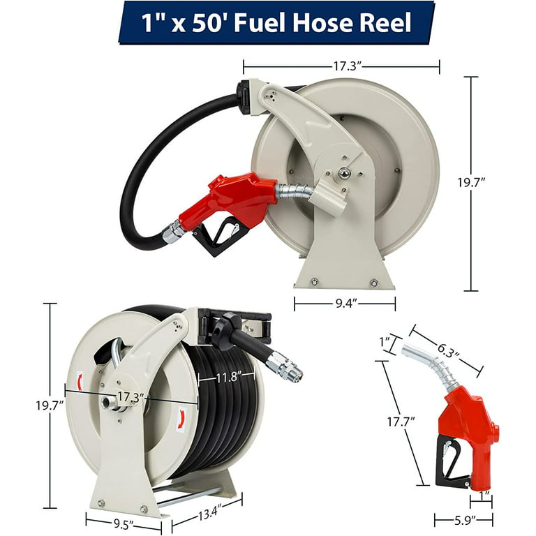 Rocita Diesel Fuel Hose Reel with Fueling Nozzle, 1 inch x 50 ft Retractable Oil Hose Reel Hose Holder, 300 PSI Industrial Auto Hose Oil Heavy Duty
