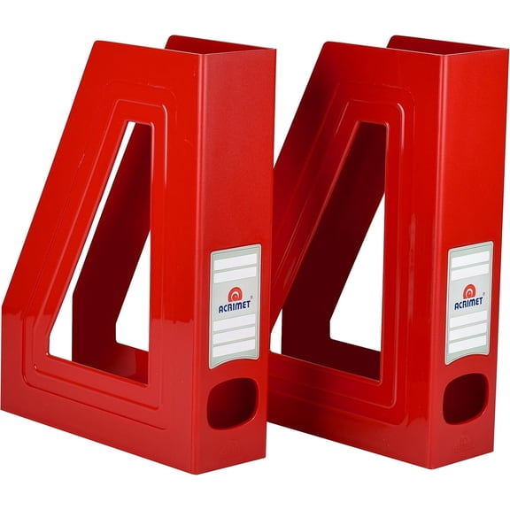 Acrimet Magazine File Holder – Vertical Rack for Documents, Folders and Mail, Durable Plastic Desk Organizer for Office & Home, Solid Red (2 Pack)