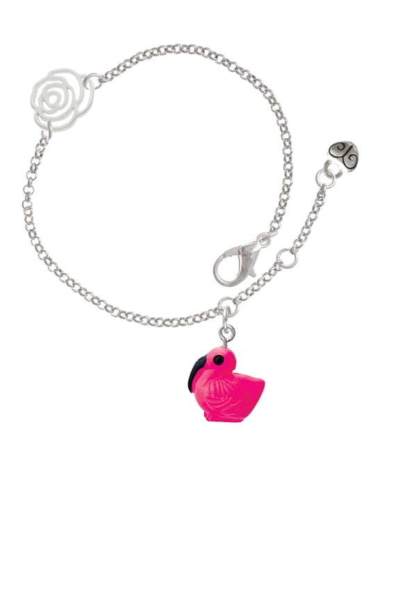 Resin Hot Pink Flamingo Silver-tone Rose Link Chain Bracelet, 6.25"+1.75" Extender