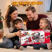 Carsky 2-in-1 Carrier Truck Race Track Playset, 37 Extra-Long Track w/ Parking Lot, 17 Transporter Carrier 4 Metal Mini Cars, Educational Gift Racing Toy for Boys & Girls Ages 3-8