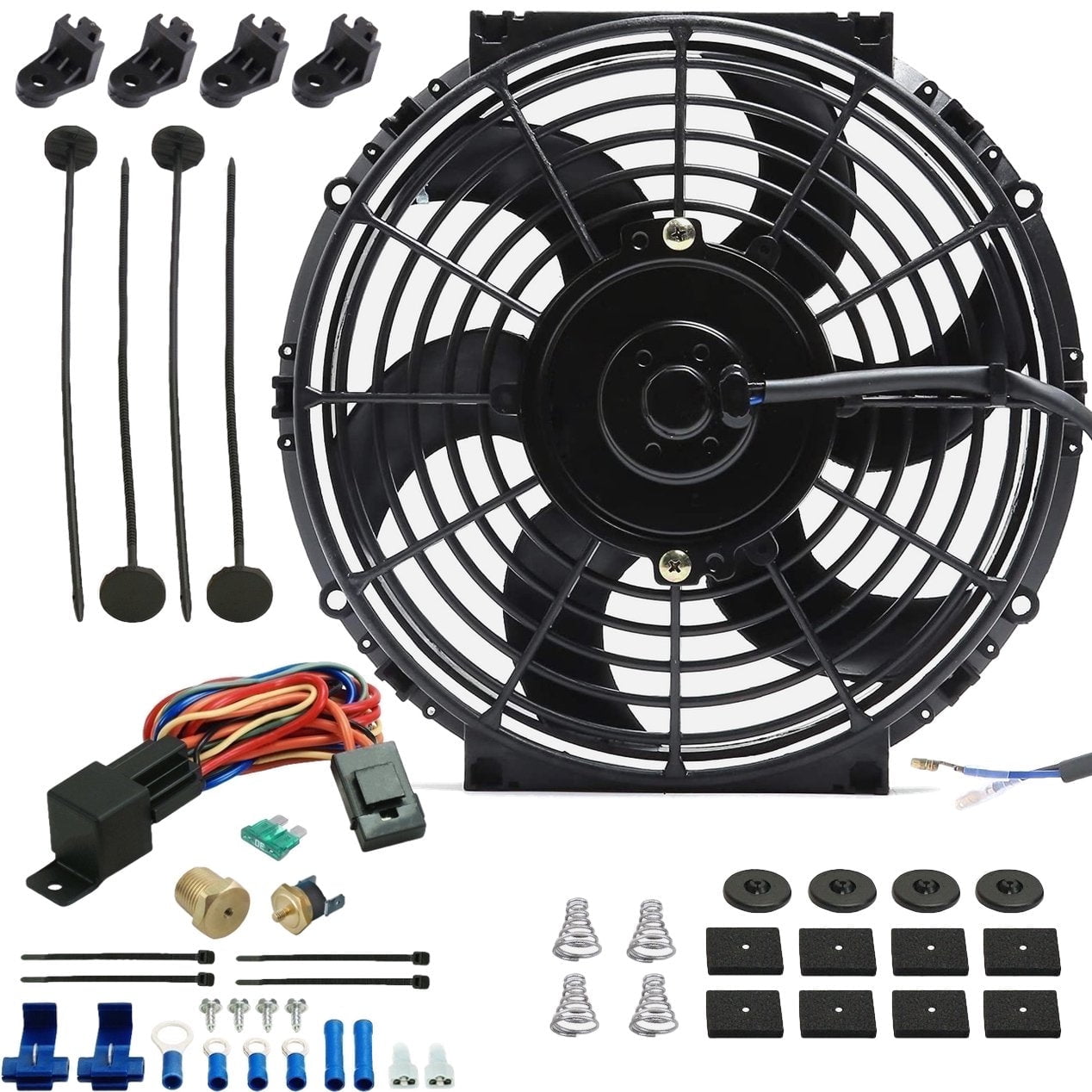 CarBole 14 inch 90W 12V Universal High Performance Electric Radiator Cooling Fan With Fan Mounting Wiring Harness Kit Black 