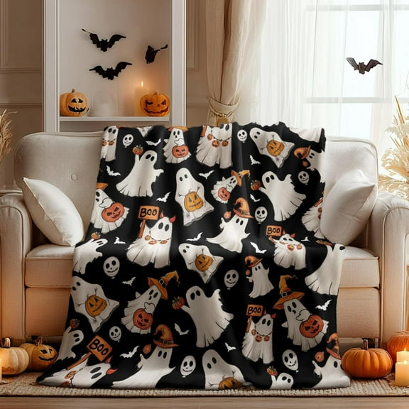 Kuscheln Halloween Flannel Blanket Throw, Ghost Boo Pumpkin Skulls Blanket, Soft Cozy Fleece Blankets for Couch Sofa Bed Lounging, Ideal Halloween Gifts, 50x60