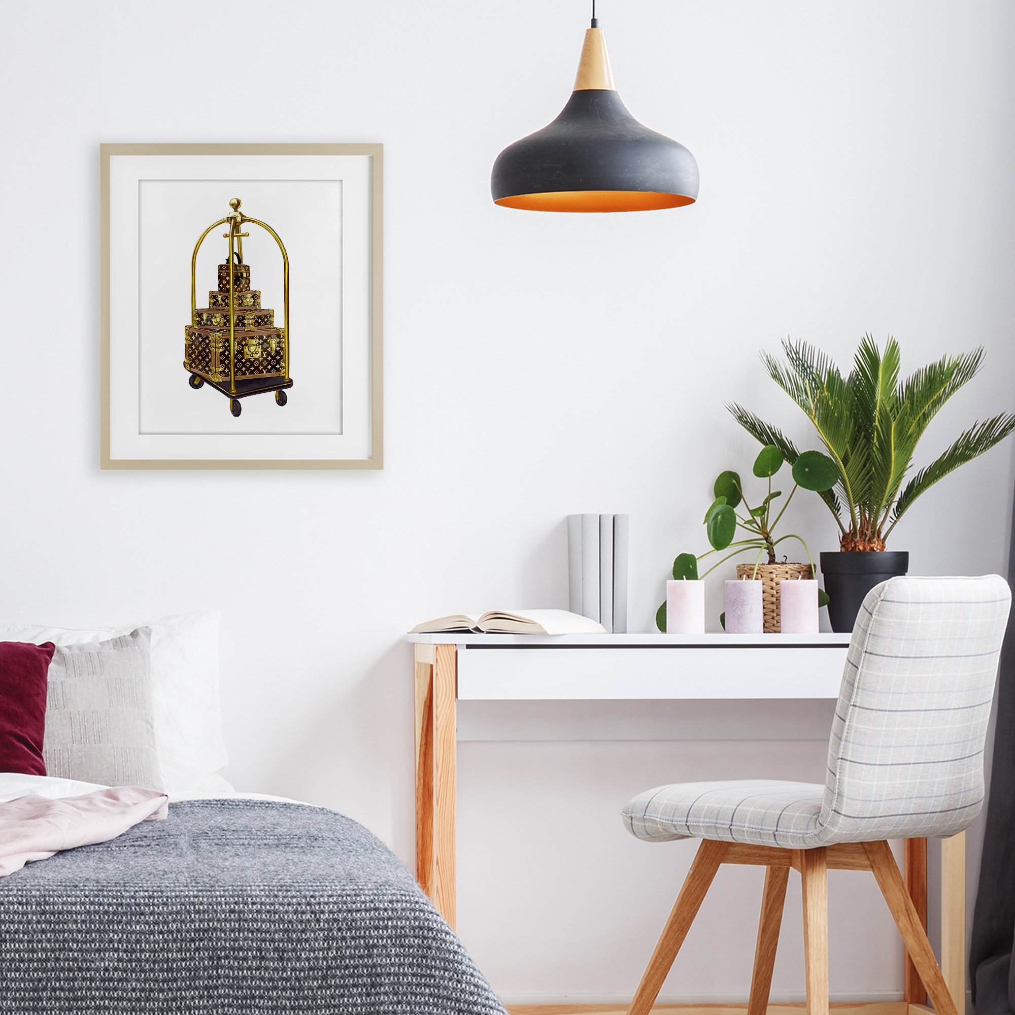 Glam Hotel Luggage Birch Framed Print Under Glass, design by Ziwei Li