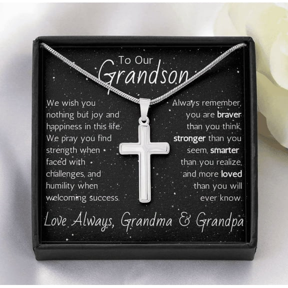 To Our Grandson Gift from Grandma and Grandpa, To Our Grandson Necklace, Silver Men Cross Necklace