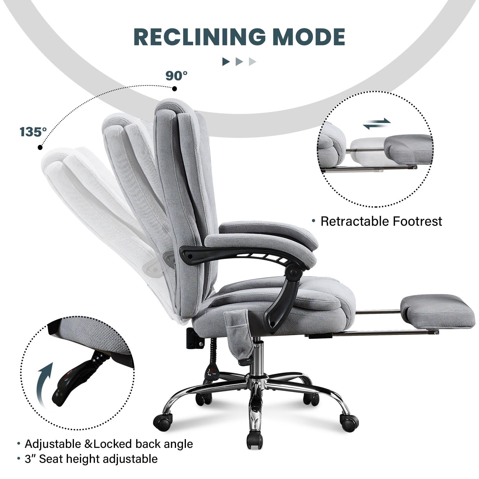 JONPONY Big and Tall Office Chair 500LBS Executive Office Chair Massage and Footrest Ergonomic Computer Desk Chair Reclining High Back Leather Office Chair Lumbar Back Support Swivel Rolling,Grey