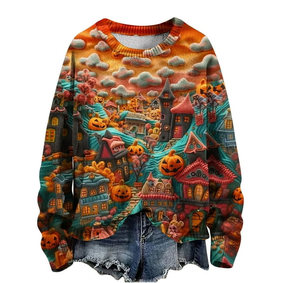 miqiqism Halloween Sweater for Women Oversized Pumpkin Sweaters Fall Pullover Knit Top Shirts Casual Crew Neck Loose Fuzzy Blouses Trendy Long Sleeves Tunic Clothes,O#01_Orange,Large