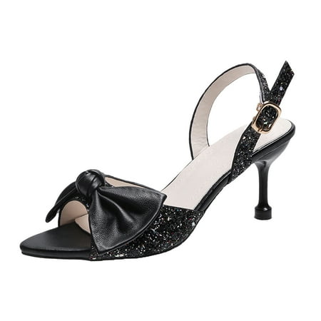 hopeusnice Clearance Women s Bowknot Buckle Ankle Strap Sandals Glitter High Heels Open Toe Summer Wedding Party Dress Shoes Black 36