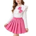 thumbnail image 2 of Mifsaly 2 Piece Skirt Sets for Girls Long Sleeve Ribbed Ruffle Tops with Bowknot and Pleated Skirts Toddler Kids Cute Casual School Fall Winter Outfits, 2 of 9