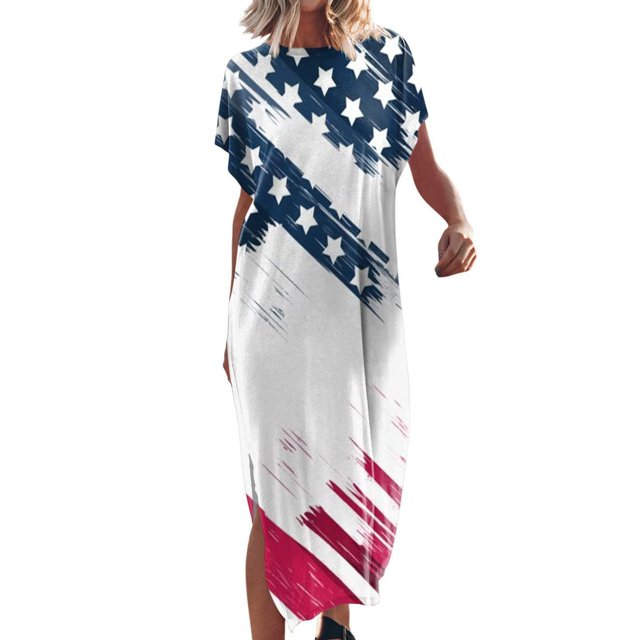 SMihono Robe Maxi Bohème d'Été pour Femmes Grande Taille Robe Maxi pour Femmes Plage Vacances Décontractée Ample Longue Robe Manches Courtes Robes d'Été avec Fente Robe Évasée de Plage