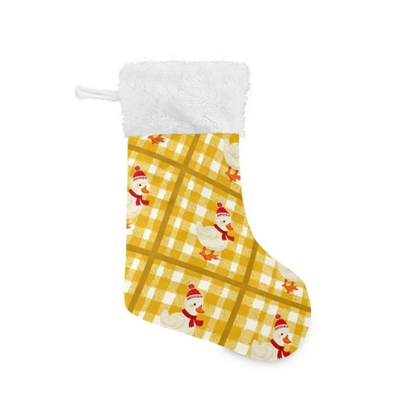 Yellow Checkerboard Cute Duck Wear Christmas Hat Christmas Stockings Large Capacity 18 inch Gift Bag with Hook Xmas Holiday Decor 1 Pack