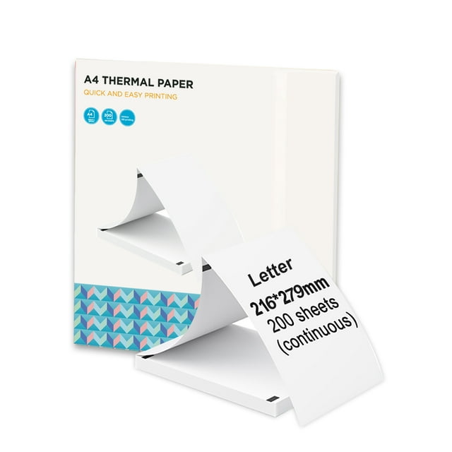 Bisofice A4 folding thermal printing paper, 216x279mm (8.5x11 inch), displayed in a fan-folded stack with 200 sheets. The white thermal paper is oil-proof, waterproof, and BPF-free, designed for use with portable thermal printers. The packaging highlights its letter size compatibility and glossy finish for clear, vibrant prints.
