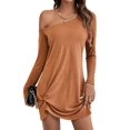 thumbnail image 3 of Womens One Shoulder Tunic Long Sleeve Solid Twist Hem Mini Dress Dressy Casual Loose Spring Summer Dress Brown S, 3 of 9