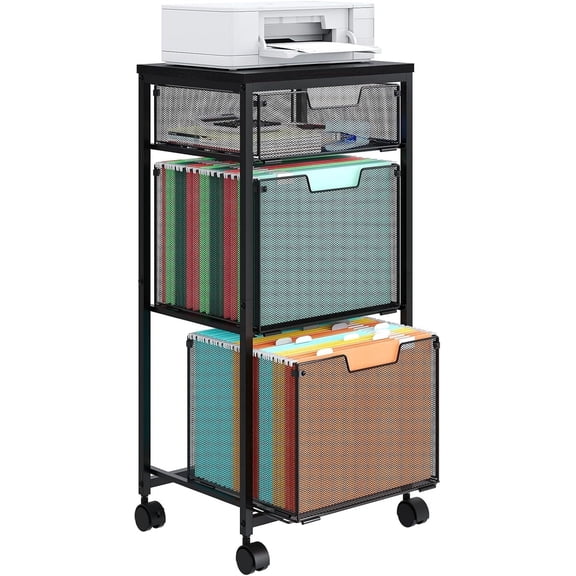 X-COSRACK 3-Drawer Mobile File Cabinet with Mesh Drawers, Wood Top Rolling Printer Stand for Home Office, Letter Size Hanging File Folder Organizer Cart on Lockable Wheels, Black