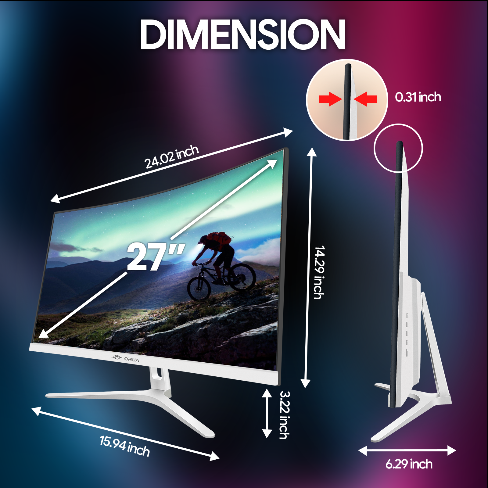 Crua 27" Curved Gaming Monitor 100Hz FHD, White photo 4