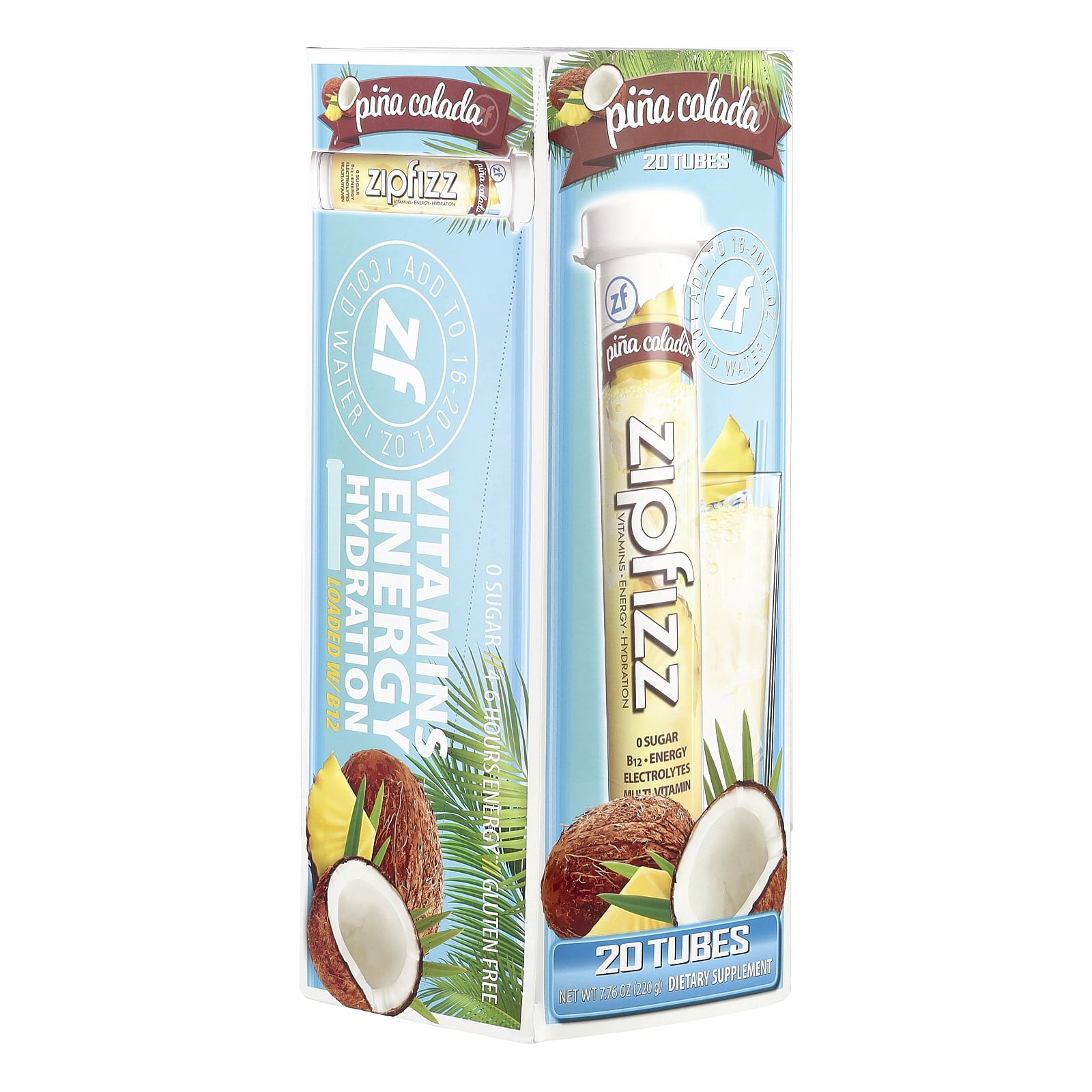 Zipfizz, Energy Drink Mix, Pina Colada, 20 Tubes, Gluten Free