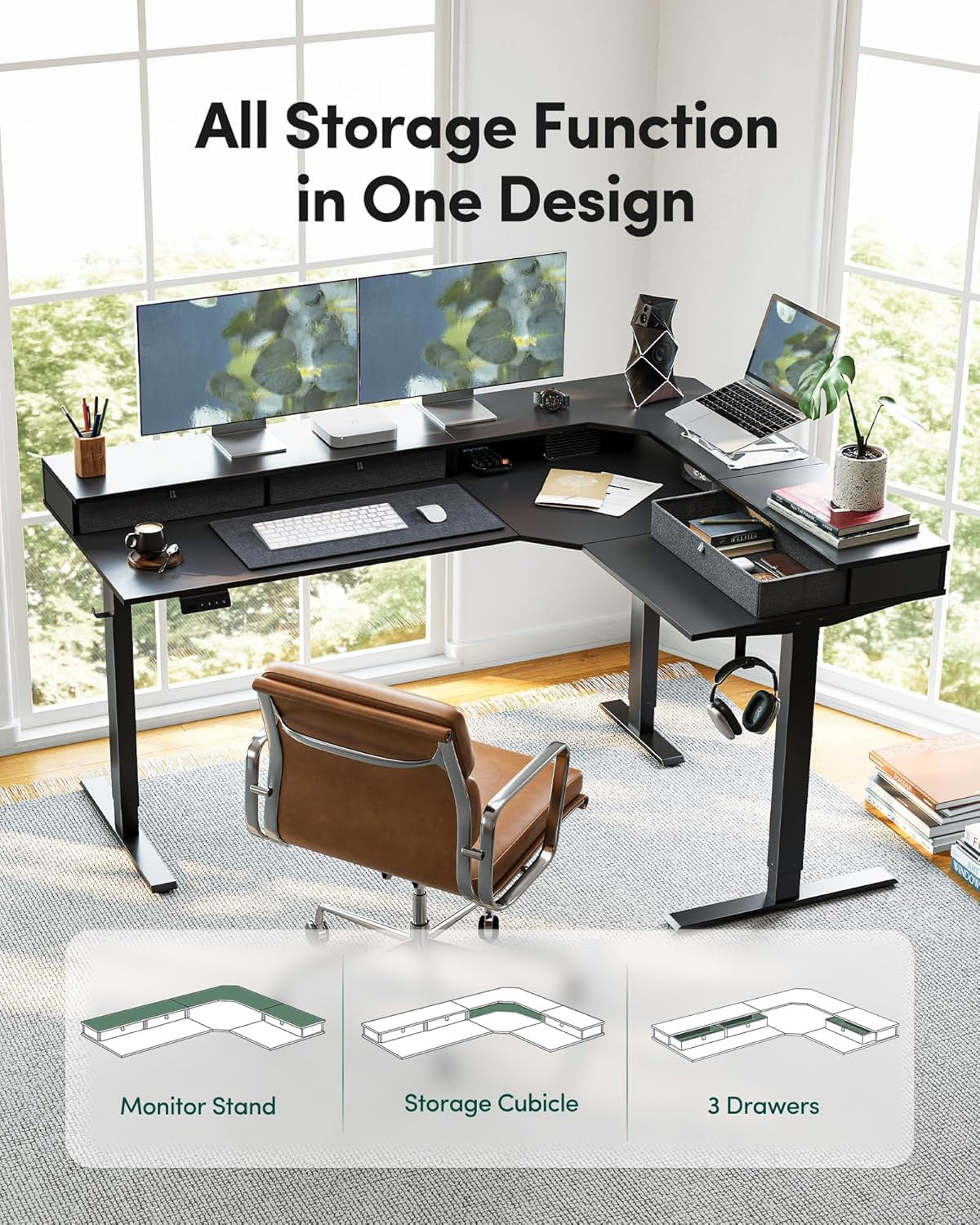FEZIBO L-Shaped Electric Desk, 63'', Triple Motor, Adjustable, 3