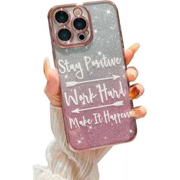 Compatible with iPhone 15 Pro Max, Fashion Plating Pattern Slogan Bling Case, Handwritten Letter and Cupid's Arrow Design Case for Women Girls Full Camera Lens Protective Back Cover-Pink