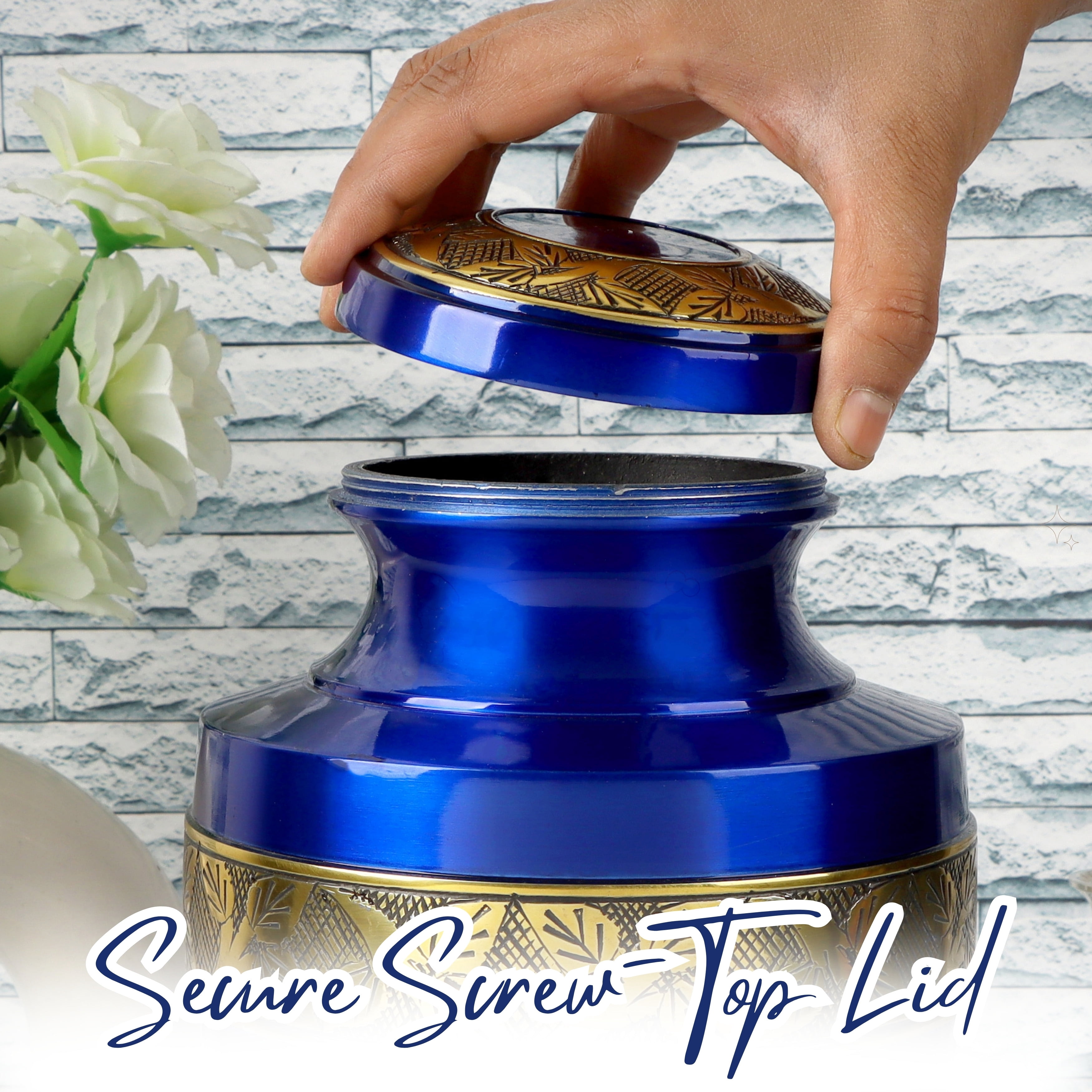Handcrafted Aluminum Urn - Decorative Memorial Holder for Ashes and Remembrance (Sapphire & Royal Gold)