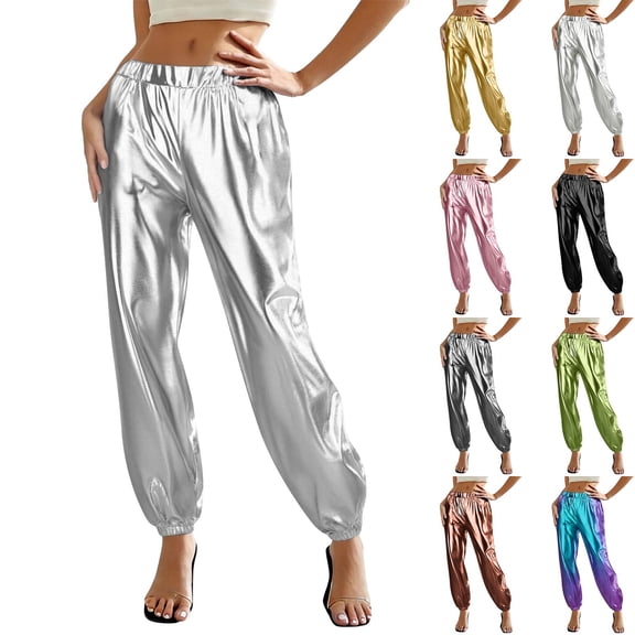 RongHuan Women's Shiny Pants Loose Elastic High Waisted Hip Hop Pant Evening Party Clubwear Trousers
