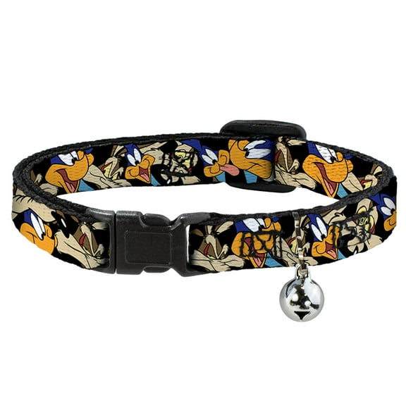Looney Tunes Breakaway Cat Collar With Bell, Plastic Clip, Easy Adjustable, Road Runner Wile E Coyote Expressions Stacked Black, 8.5 to 12 Inches 0.5 Inch Wide