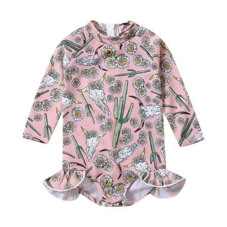 

Summer Toddler Girls Long Sleeve Ruffles Cartoon Cow Swimwear Printed Bodysuits Beach Onesie Swimsuit Kids Baby Bikini