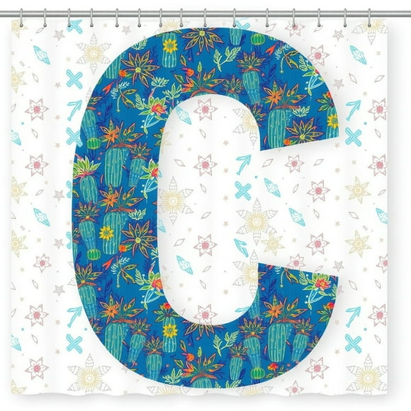 Bright Blue Cactus Shower Curtain with Floral Pattern - Desert Bloom Design