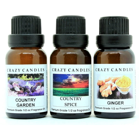 Crazy Candles 3 Bottle Set: 1 Country Garden, 1 Country Spice, 1 Ginger 1/2 oz (15ml) Each Premium Grade Scented Fragrance Oil Made in USA