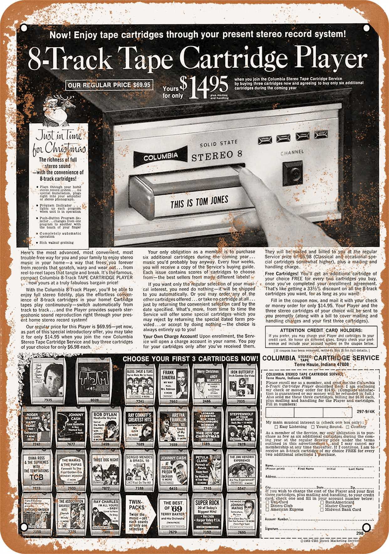 Metal Sign Vintage Look Repro 1969 Columbia Branded 8-Track Tape Player
